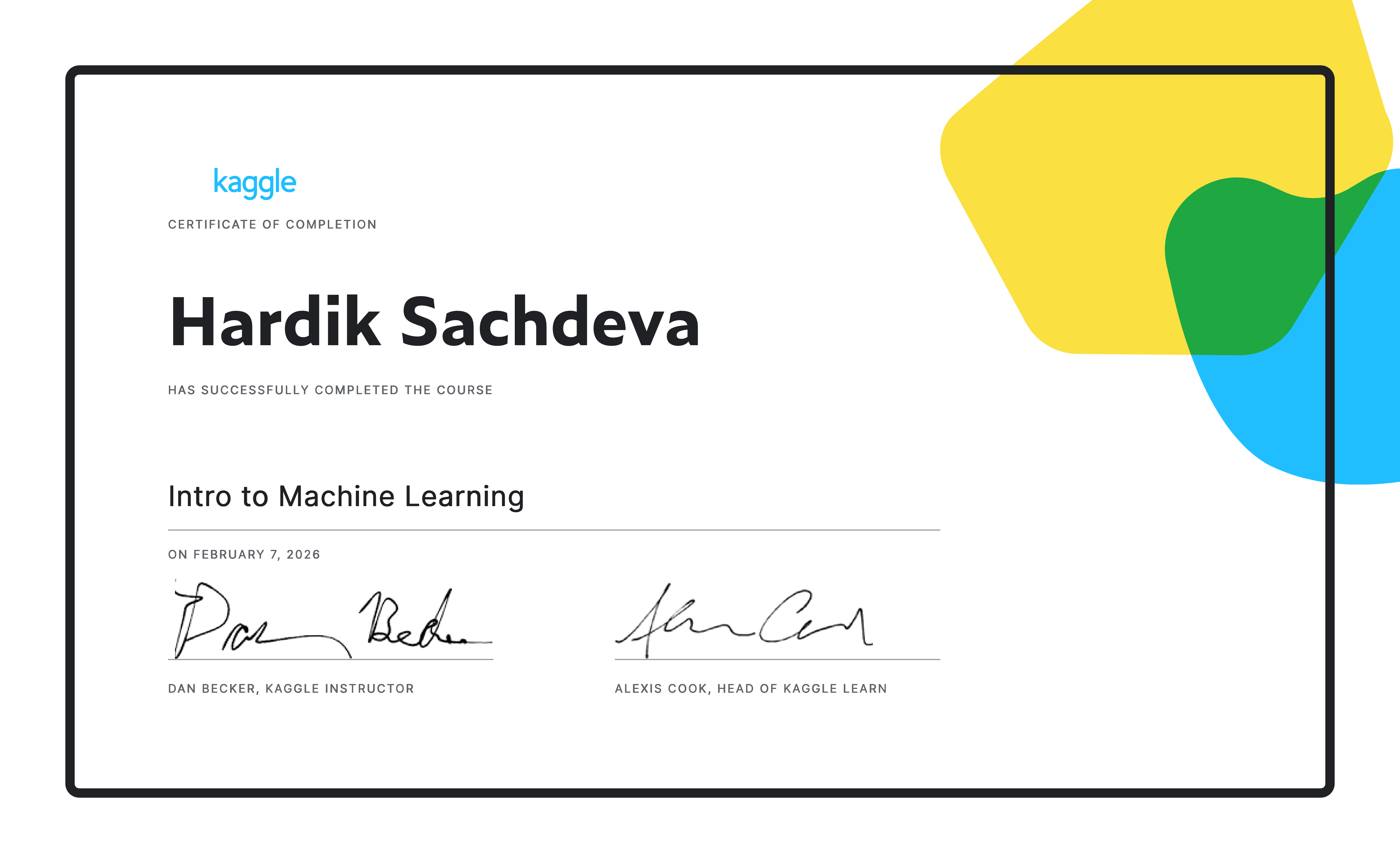 Intro to Machine Learning certificate